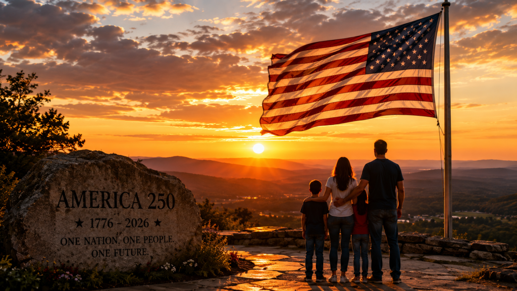 America 250 American flag at sunset overlooking a scenic landscape as a family reflects on 250 years of freedom, unity, and the future of the United States