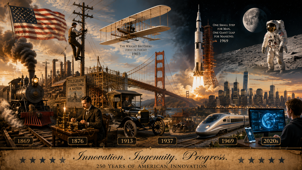 America 250 artistic depiction of American innovation through the centuries featuring transportation, aviation, space exploration, technology, and engineering achievements