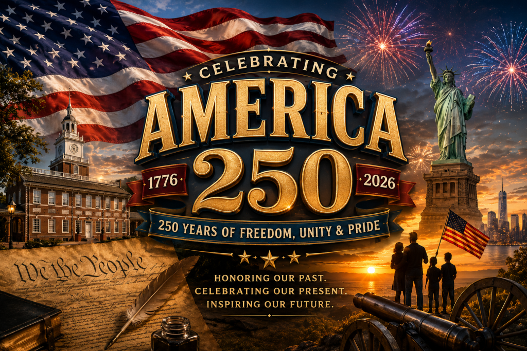 America 250 hero banner celebrating 250 years of American freedom featuring the U.S. flag, Independence Hall, the Statue of Liberty, the Constitution, and patriotic symbols