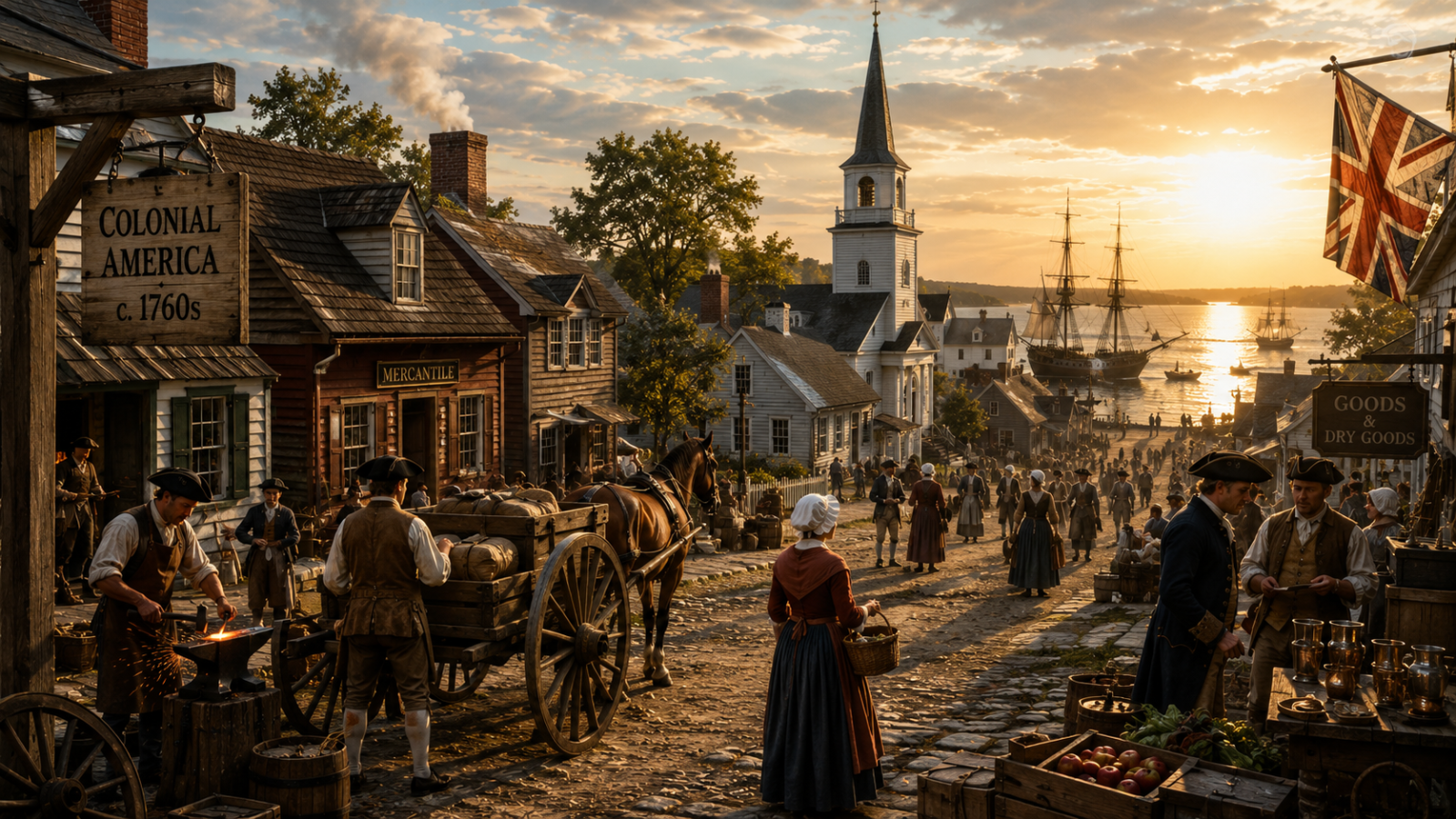America 250 artistic depiction of daily life in Colonial America before the Declaration of Independence in the 1760s