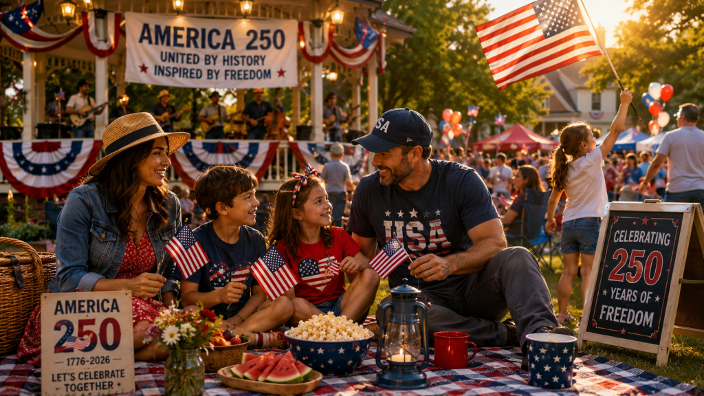 America 250 Fourth of July celebration at the National Mall with fireworks, the American flag, and thousands of people honoring the nation's 250th anniversary