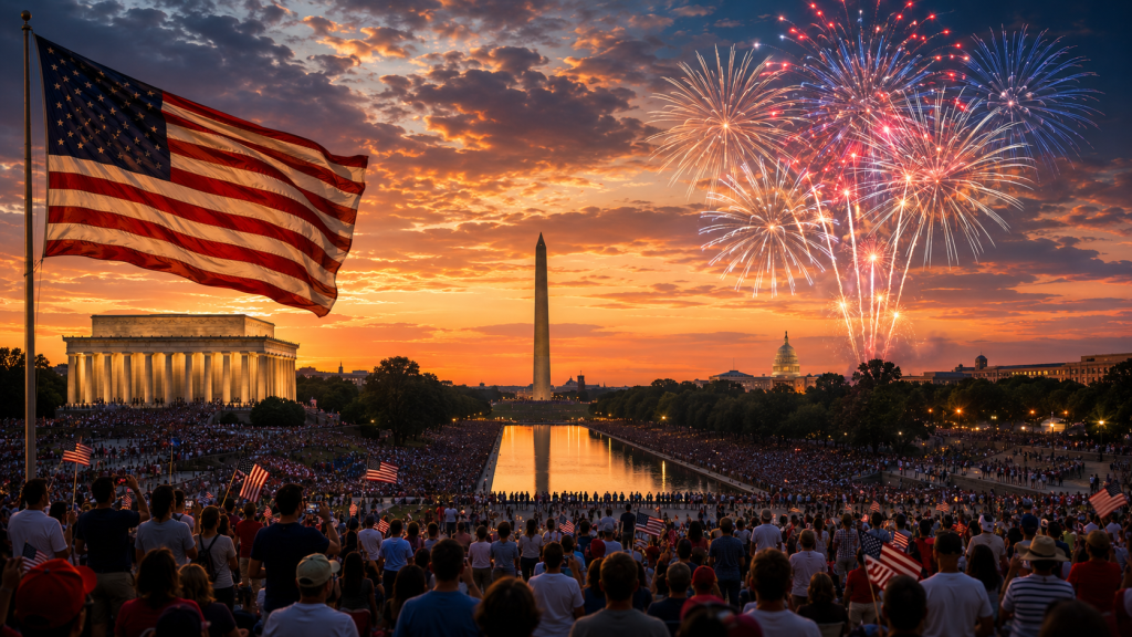 America 250 Fourth of July celebration at the National Mall with fireworks, the American flag, and thousands of people honoring the nation's 250th anniversary