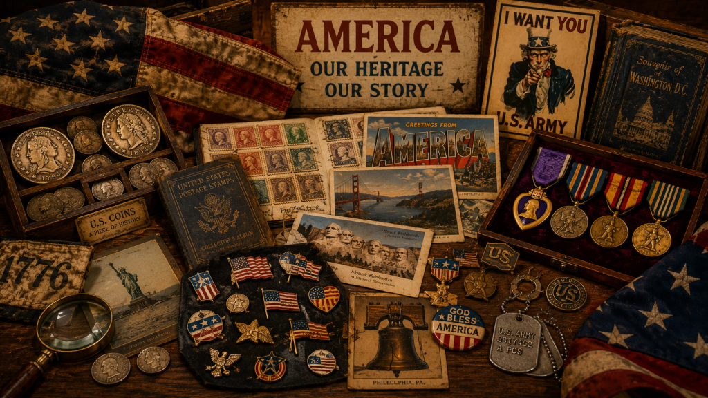 merica 250 collection of historic Americana memorabilia featuring vintage coins, postage stamps, patriotic pins, military medals, old American flags, and historic postcards