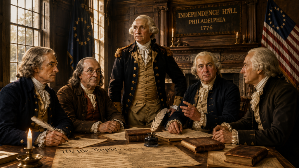America 250 artistic depiction of the Founding Fathers meeting in Philadelphia during the founding of the United States in 1776