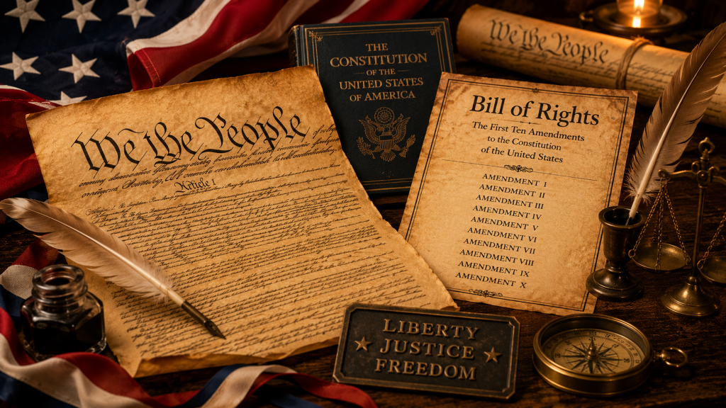 America 250 artistic depiction of the United States Constitution and Bill of Rights representing the foundation of American democracy and individual freedoms