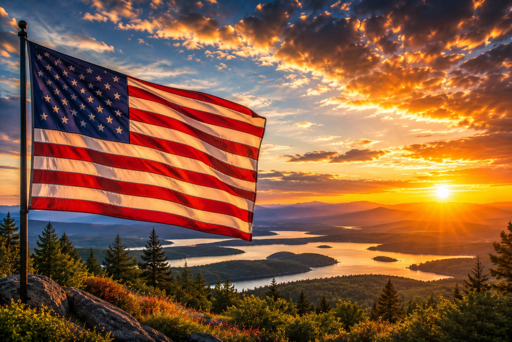 America 250 patriotic American flag flying over a scenic mountain landscape at sunrise celebrating 250 years of American freedom and heritage