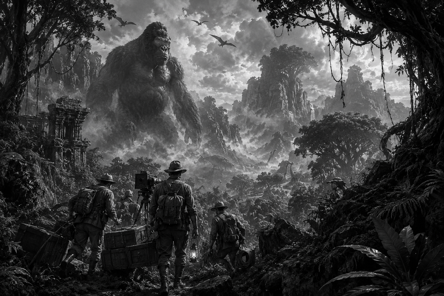 Original black-and-white artwork depicting a 1930s film expedition discovering a colossal prehistoric ape on a mysterious jungle island.