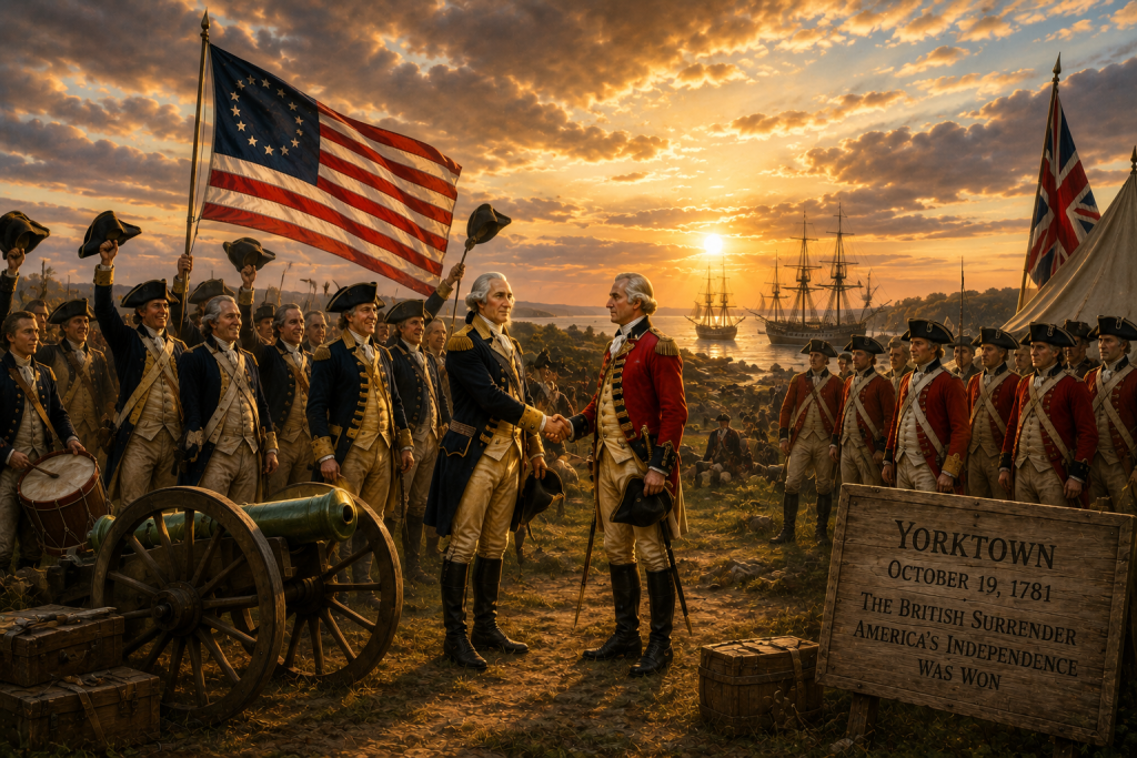 America 250 artistic depiction of the American victory at the Battle of Yorktown in 1781 during the Revolutionary War