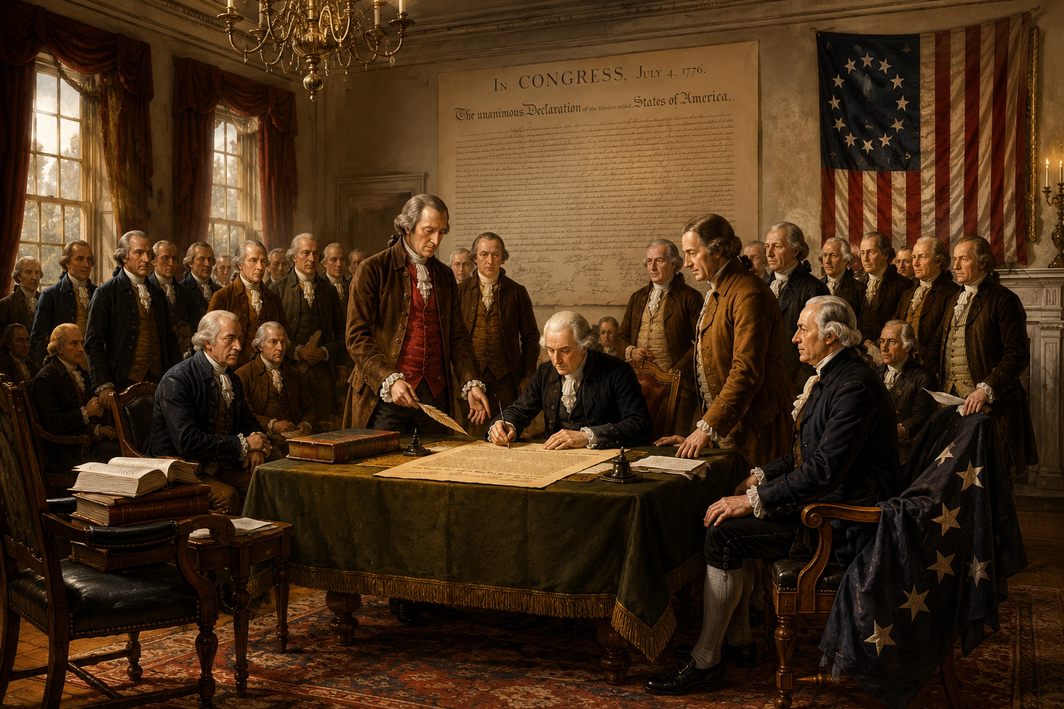 America 250 artistic depiction of the signing of the Declaration of Independence in Philadelphia on July 4, 1776