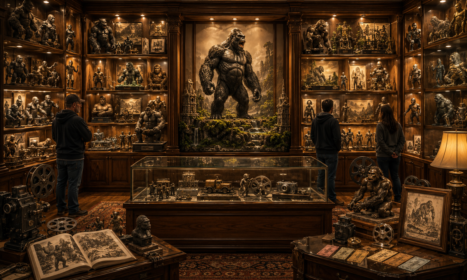 Original cinematic artwork of an elegant collector's display room featuring giant prehistoric ape-inspired statues, figures, film artifacts, and museum-quality displays.