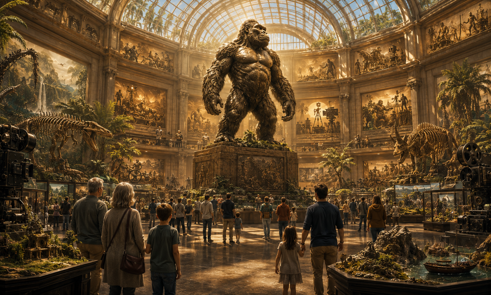 Original cinematic artwork of a museum celebrating the enduring legacy of a legendary giant ape through filmmaking, prehistoric exhibits, and family visitors.