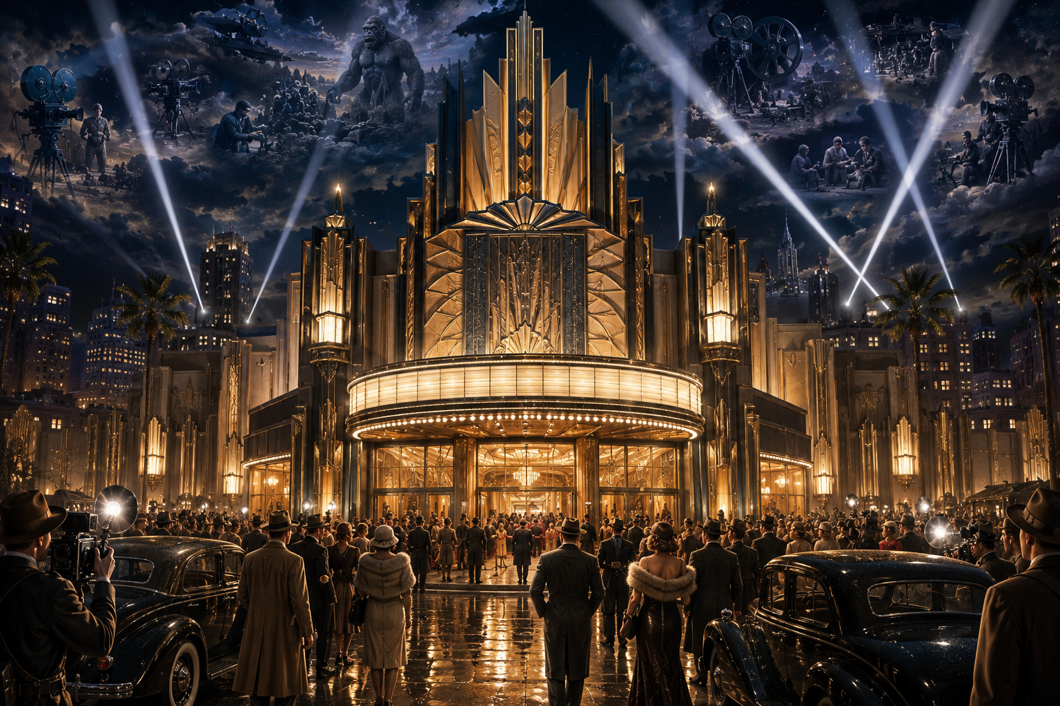Original cinematic artwork of a grand 1930s Hollywood movie palace celebrating the revolutionary impact of early giant-monster films on cinema history.