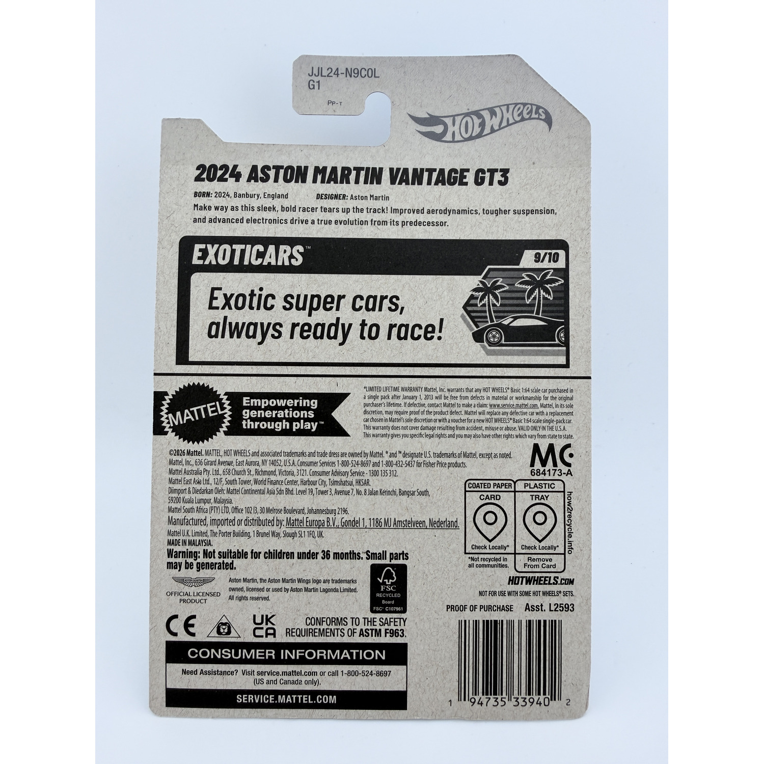 Hot Wheels 2024 Aston Martin Vantage GT3 Exotics 2026 White Race Car 125/250 9/10 - Image 2