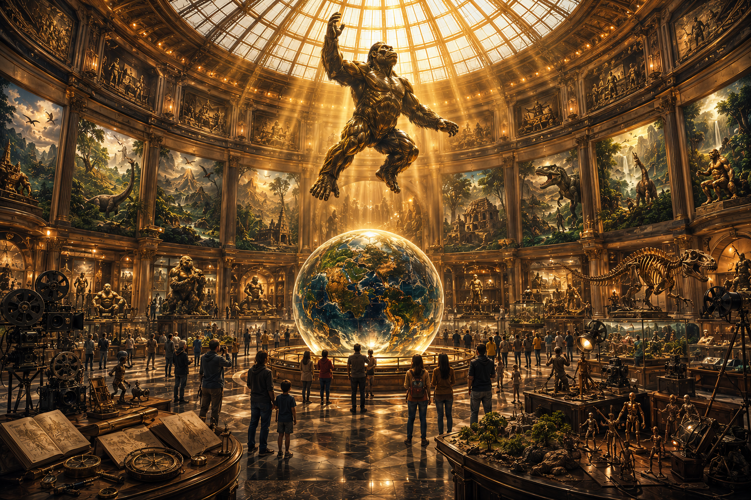 Original cinematic artwork of a grand Hall of Legends celebrating the enduring legacy of a giant prehistoric ape through exploration, filmmaking, collecting, and imagination.