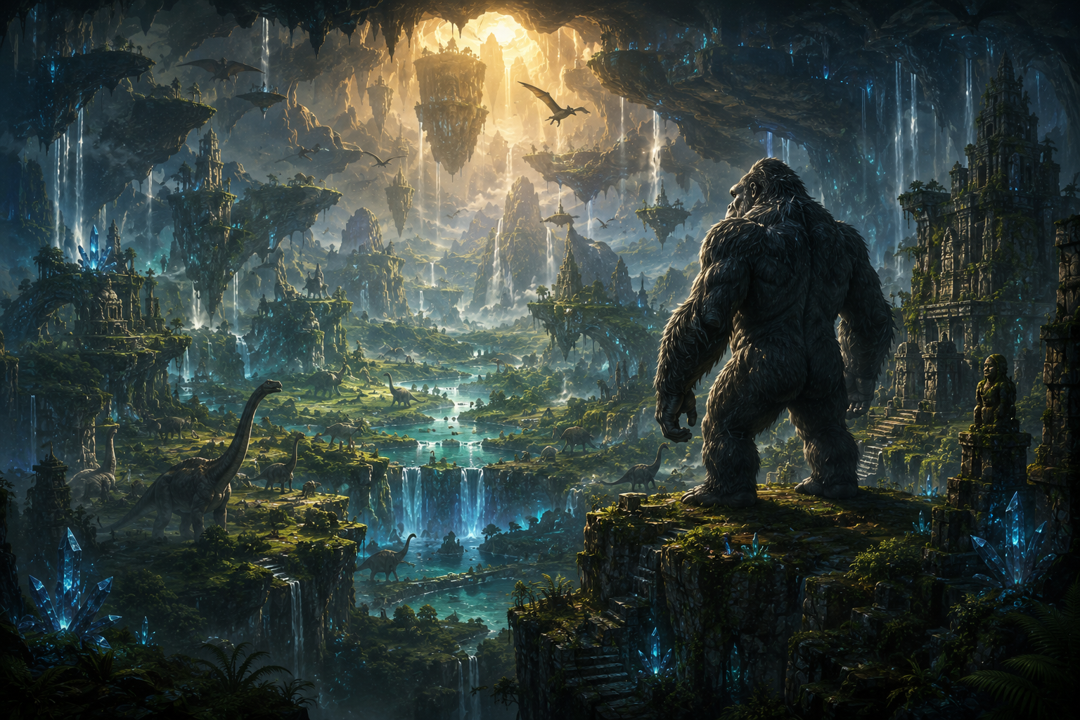 Original cinematic artwork of a giant prehistoric ape overlooking a vast hidden world filled with ancient ruins, floating mountains, waterfalls, and lush prehistoric forests.