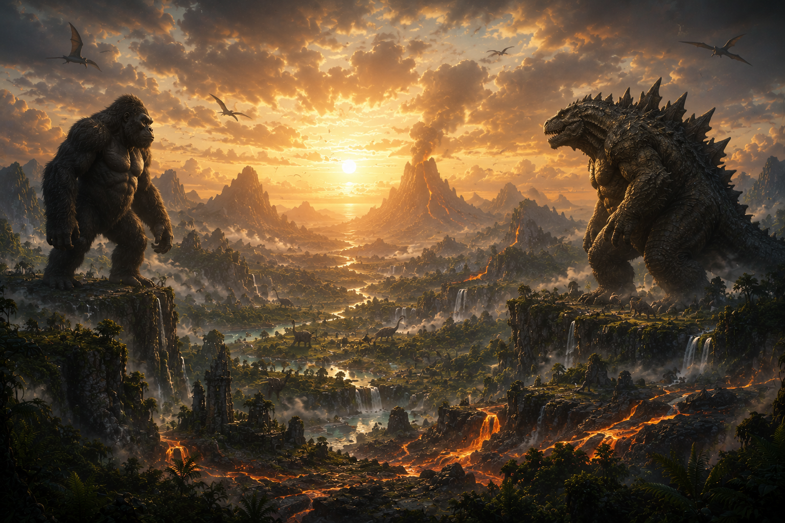 Original cinematic artwork depicting a noble giant ape and an original prehistoric reptilian Titan standing across a volcanic valley at sunrise.