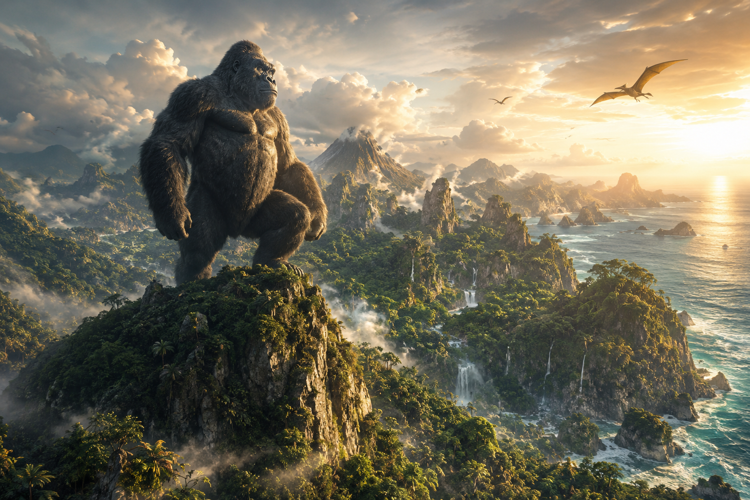 Original cinematic artwork inspired by the legendary giant ape overlooking a prehistoric island for a King Kong history article.