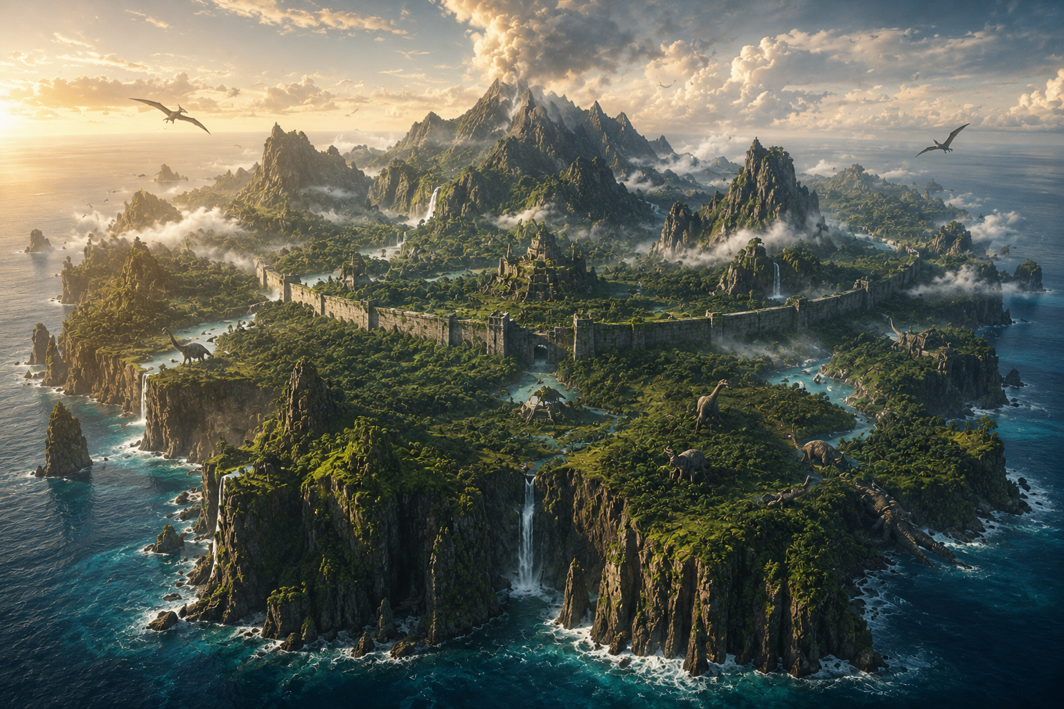 Original cinematic artwork of a prehistoric tropical island inspired by Skull Island, featuring ancient ruins, volcanic mountains, waterfalls, and lush rainforest.