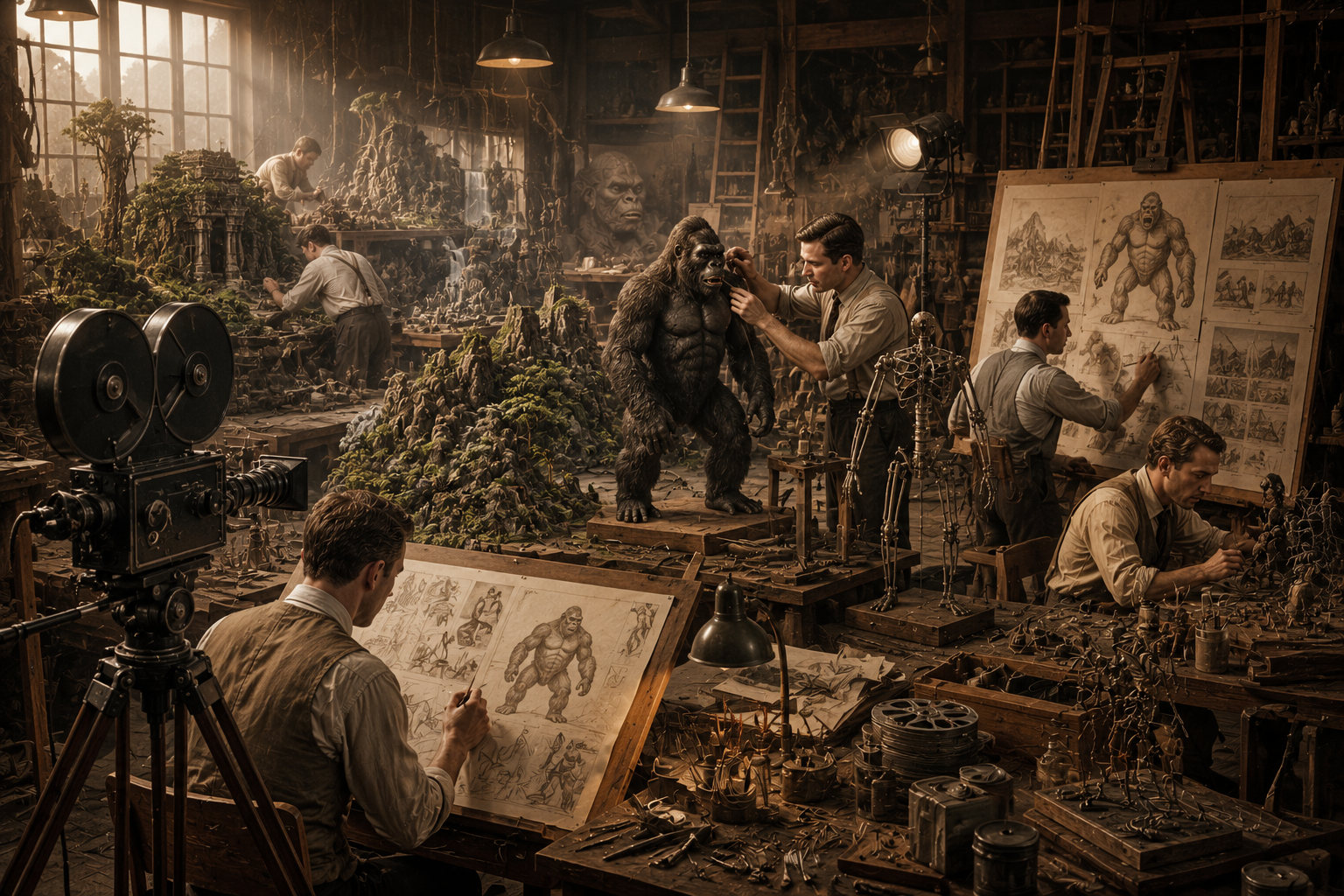Original cinematic artwork depicting early 1930s special effects artists creating a stop-motion giant ape model inside a vintage Hollywood film studio for the history of King Kong.