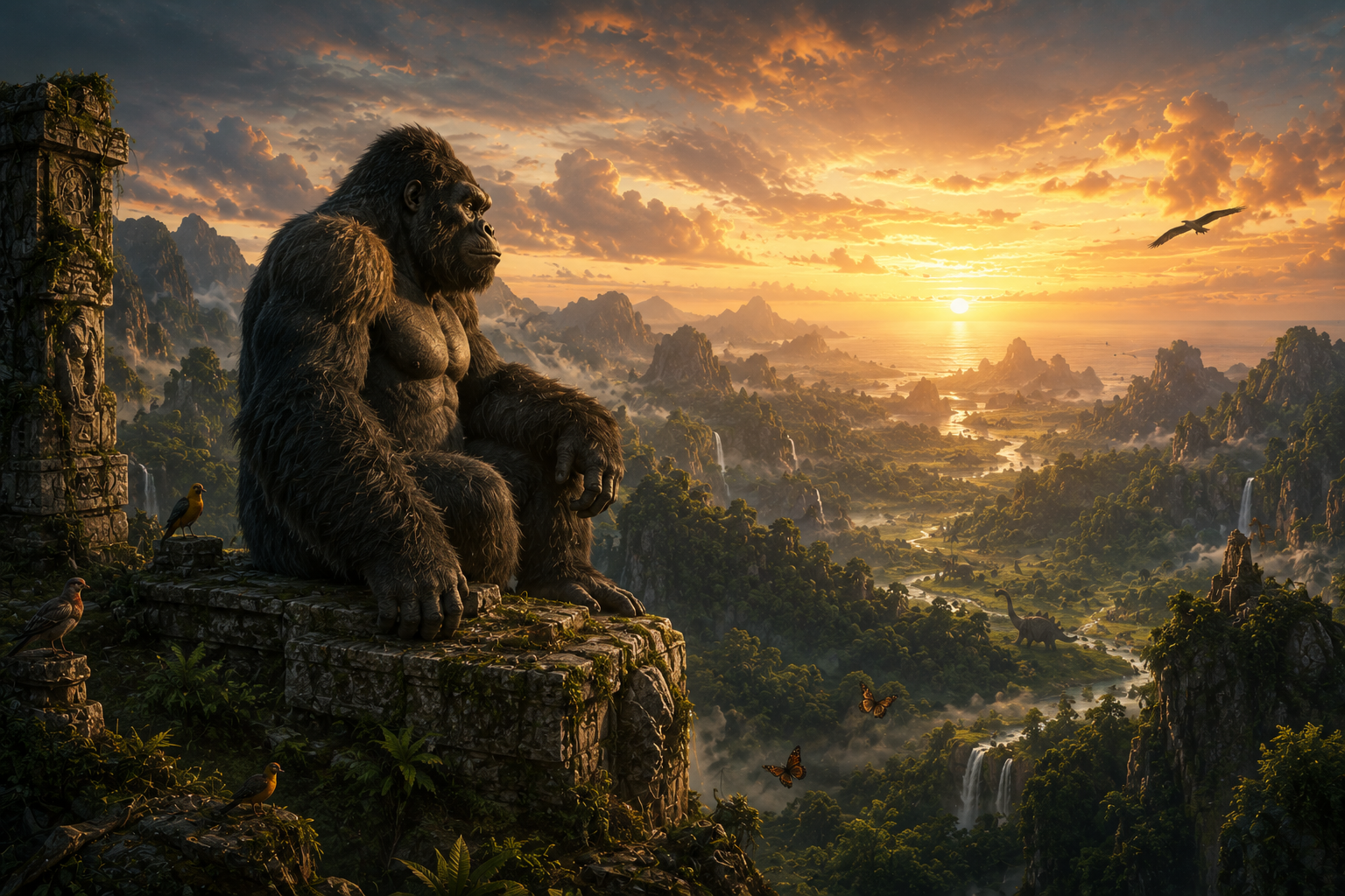 Original cinematic artwork of a noble prehistoric giant ape peacefully overlooking an ancient tropical island at sunset, inspired by the emotional legacy of King Kong.